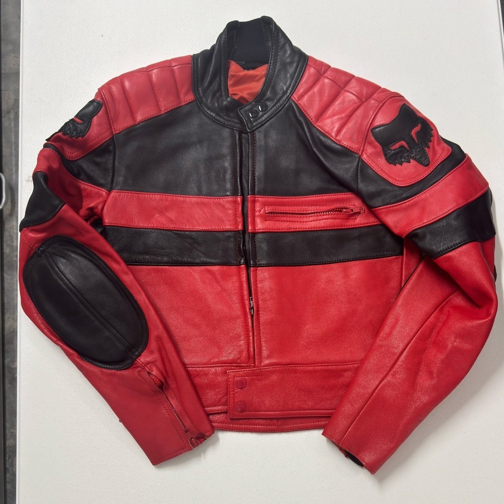 Fox Racing Motorcycle Jacket Mens Red Black Excellent Padded Leather Biker Moto